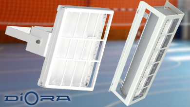 Новые светильники Diora Quadro Ra90 и Piton Ra90 с защитными решетками для спортивных объектов